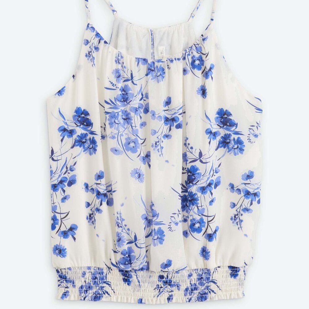nine britton White Floral Halter Tank Top with Blue Flowers